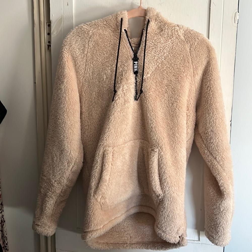 PINK XS Cream Color Sherpa Half Zip with hood and pocket